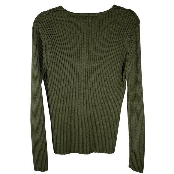 L.L. Bean Womens Ribbed V-Neck Sweater L-Reg 100% pure new wool  Wool dark Olive - Picture 2 of 7